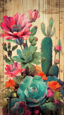 Pretty Cacti Painting On Wood