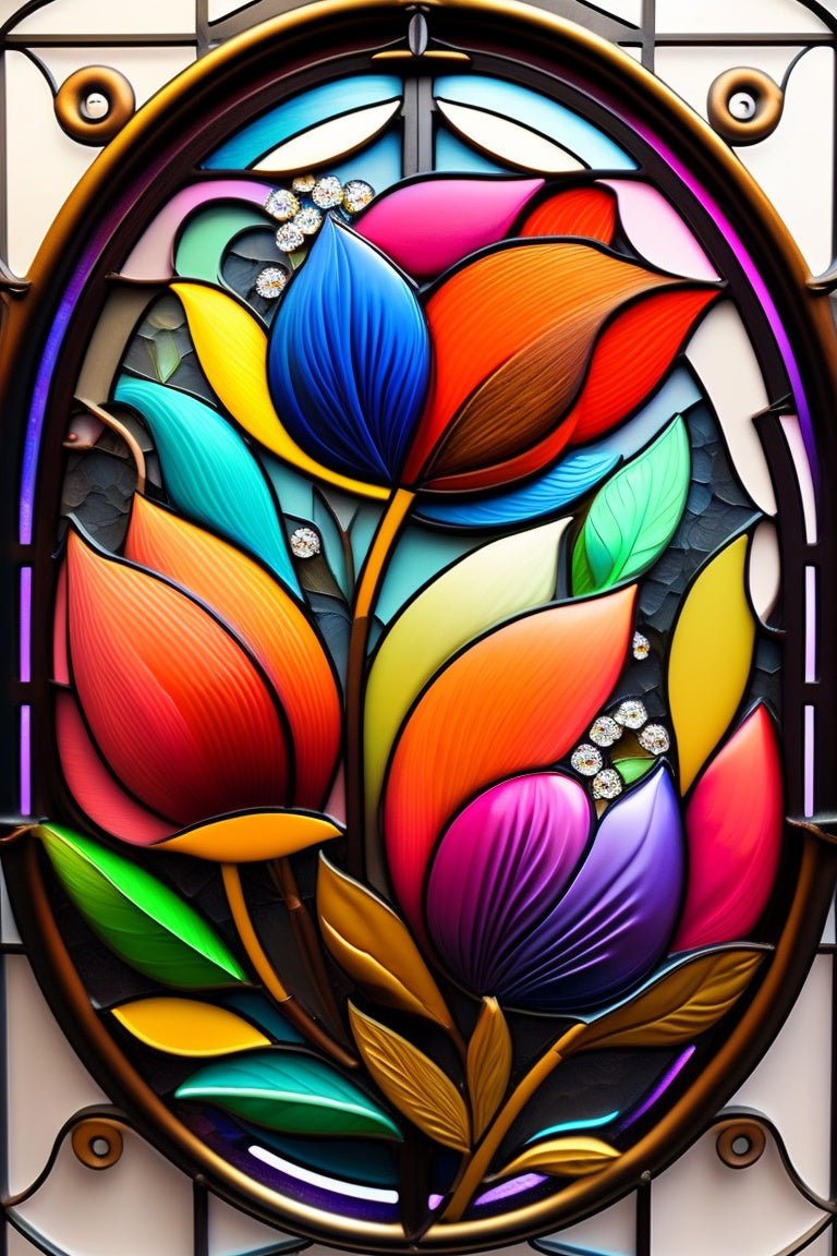 Rainbow Colored Flower Petals On Stained Glass
