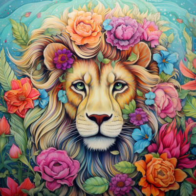Mesmerizing Colorful Lion And Flowers