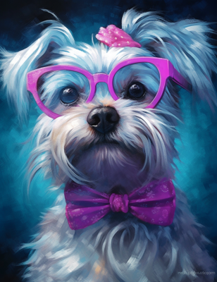 Cute Doggy In Pink Glasses, Bow Tie And Scrunchie