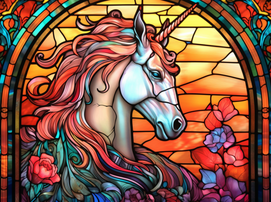 Majestic Unicorn On Orange Stained Glass