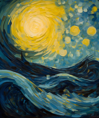 Waves And Full Moon Starry Night Style