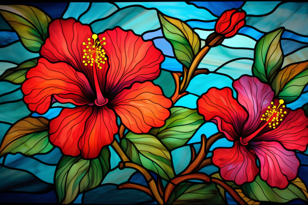 Red Hibiscus On Stained Glass   Diamond Painting Kits