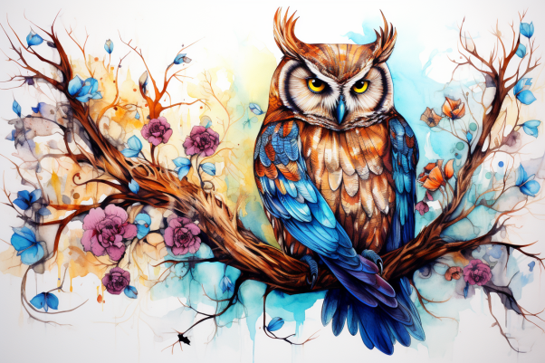 Watercolor Owl And Flowers