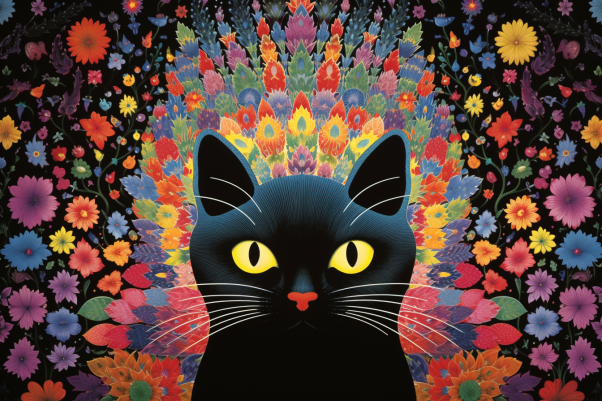 Bold Black Cat And Colorful Flowers  Diamond Painting Kits