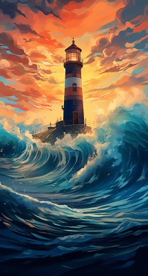 Glorious Waves Surround A Lighthouse