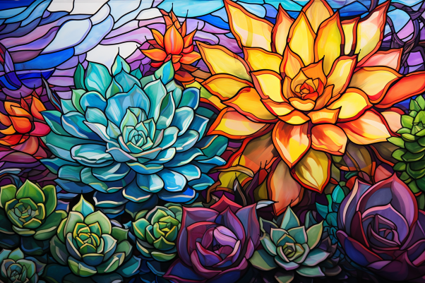 Bright Succulents On Stained Glass  Diamond Painting Kits