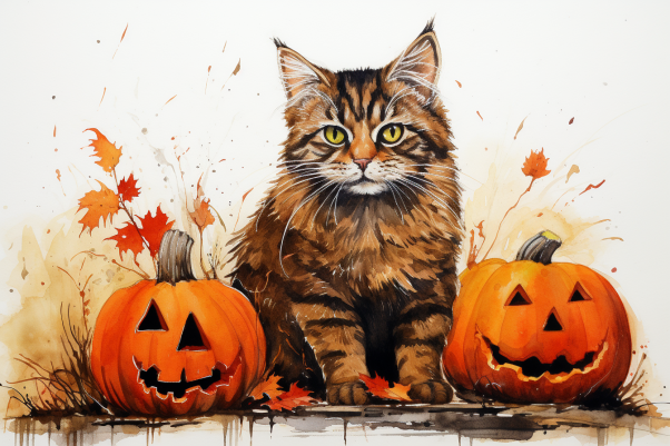 Halloween Tabby Cat And Jack O Lanterns