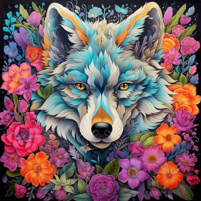 Golden Eyed Wolf Among Flowers