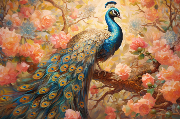 Graceful Peacock Among Soft Flowers