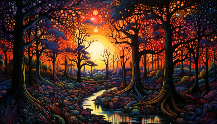 Magical Forest And Vivid Red Sky  Diamond Painting Kits