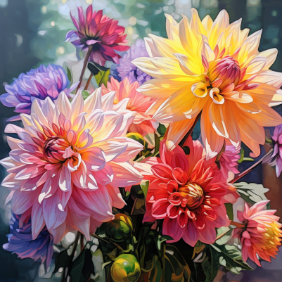 Multi Color Bouquet Of Dahlia Flowers In Sunlight