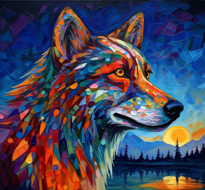 Multi Colored Wolf With Sunset Diamond Painting Kit