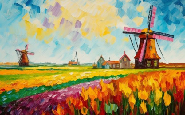 Pink Windmills And Fields Of Colors