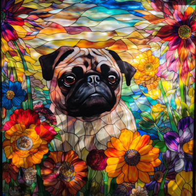 Pug In Field Of Flowers