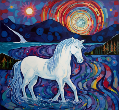 White Horse In Rainbow Water Mosaic Style Diamond Painting Kit