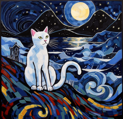 White Kitty Night Sky Diamond Painting Kit