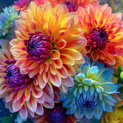 Zoomed In, Multi Color Bouquet Of Dahlia Flowers