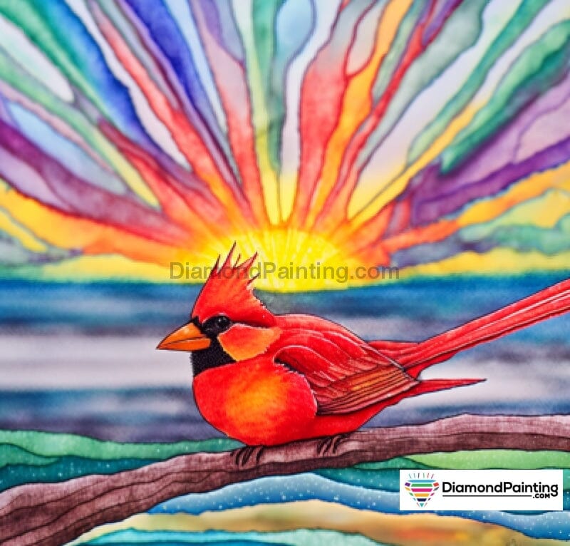 Colorful Sun Rays and a Red Cardinal Free Diamond Painting 