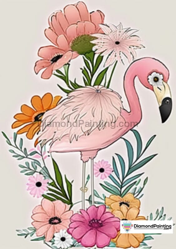 Feathery Flamingo In Boho Flowers Free Diamond Painting 