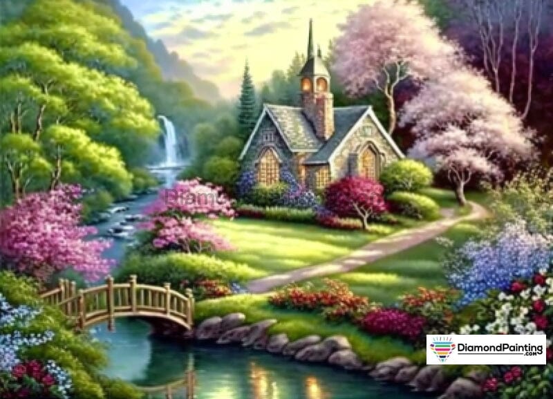 Little Stone Church In a Forest of Flowers Free Diamond Painting 