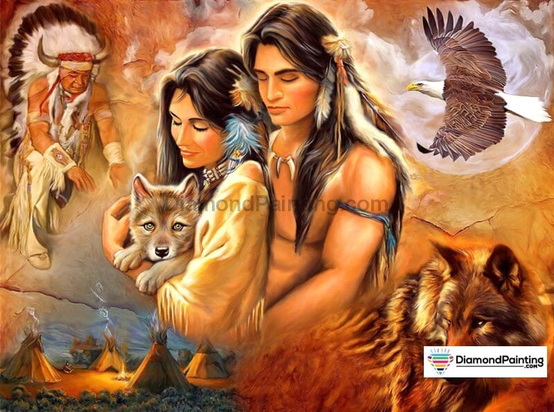Native American with Wolf and Bald Eagle Free Diamond Painting 