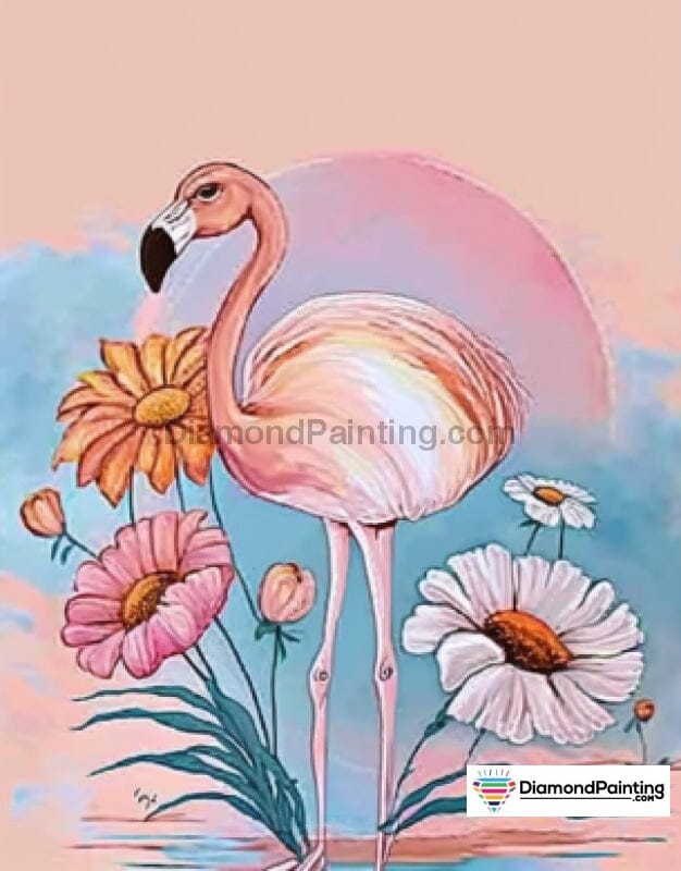 Pastel Colored Funky Flamingo With Flowers Free Diamond Painting 