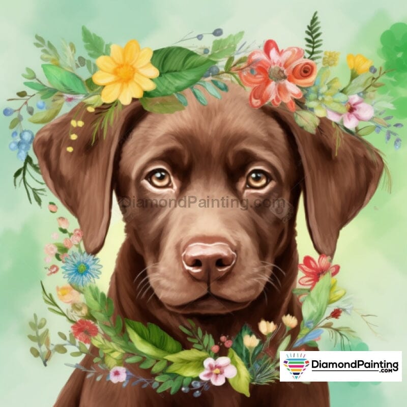 Puppy Lab With Flowers Free Diamond Painting 