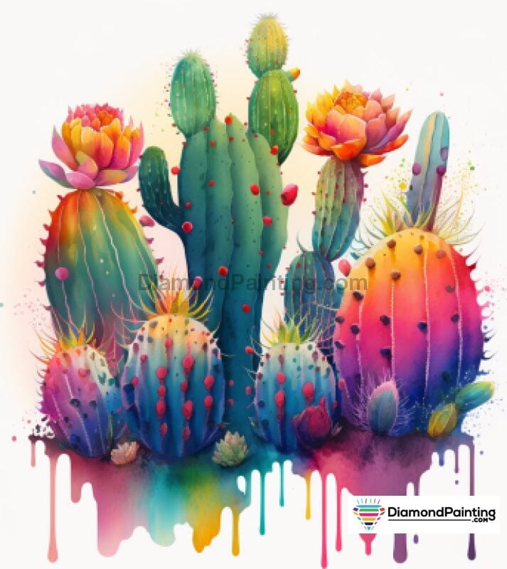 Rainbow Drip Drop Water Color Multi Cacti Free Diamond Painting 