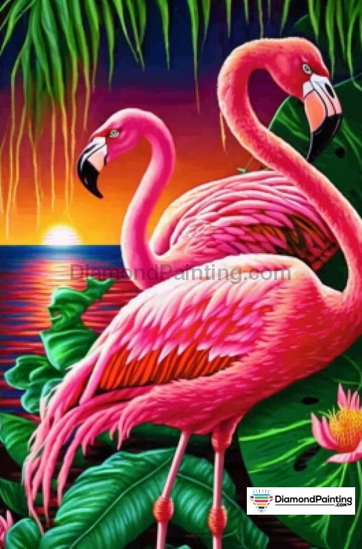 Tropical Paradise Flamingos Watching The Sunset Free Diamond Painting 