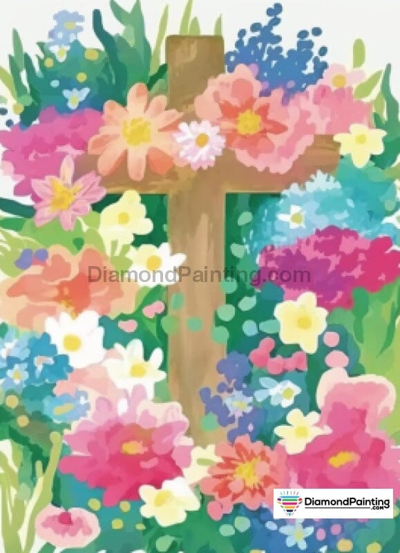 Water Color Flowers on a Cross Religious Free Diamond Painting 
