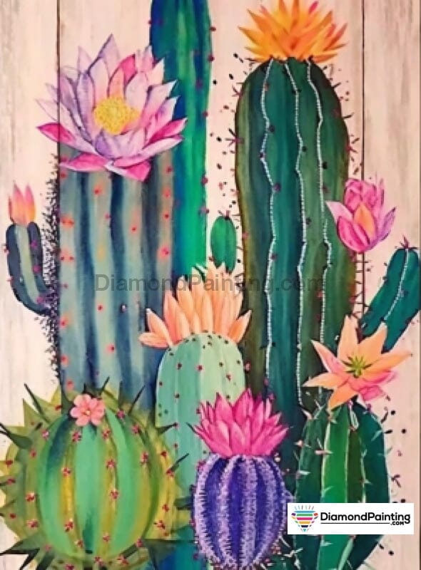 Water Color Multi Cacti In Bloom Free Diamond Painting 