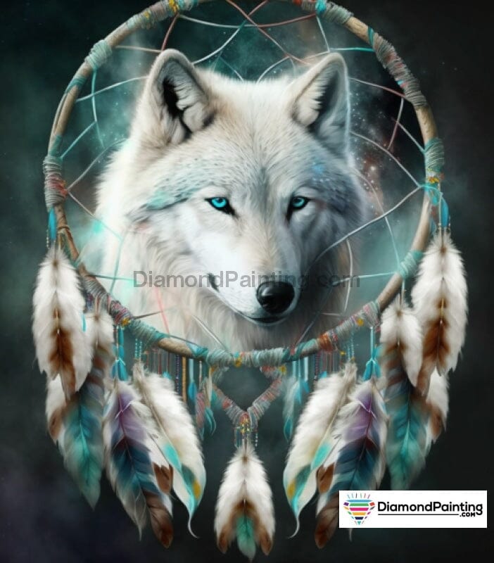 White Wolf Dream Catcher Painting With Diamonds Kit Free Diamond Painting 