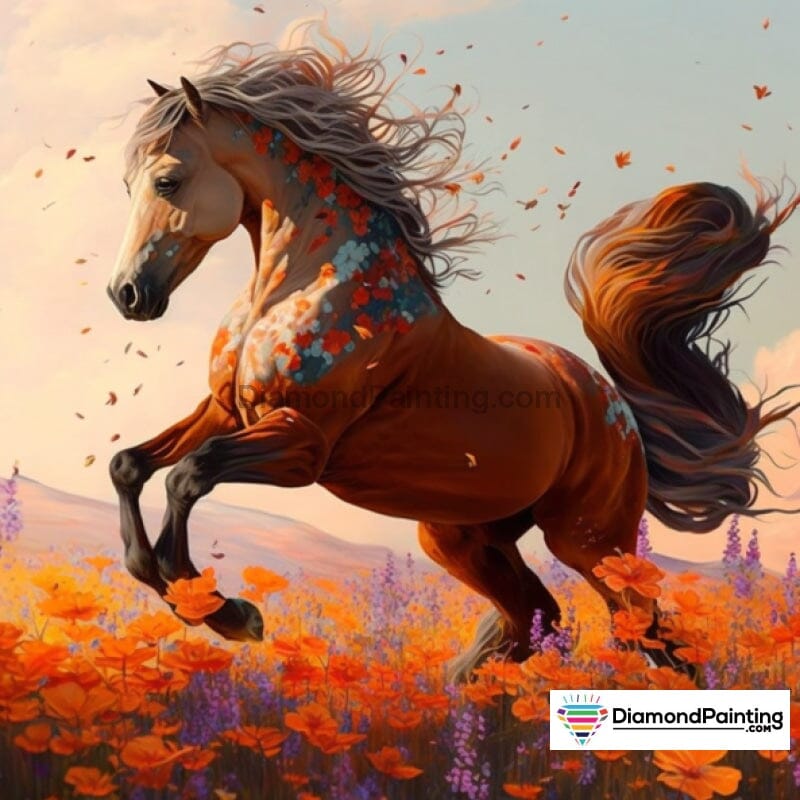 Wild Horse in Blooming Flowers Free Diamond Painting 